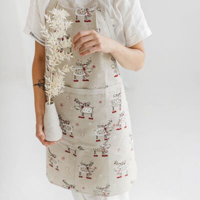 Linen Bib Apron • Pleated Christmas Apron Gift RUDOLPH