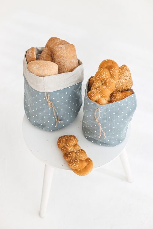 Polka Dot Blue Linen Bread Bag • Double Layered Bakery Vegetable Storage Size MEDIUM