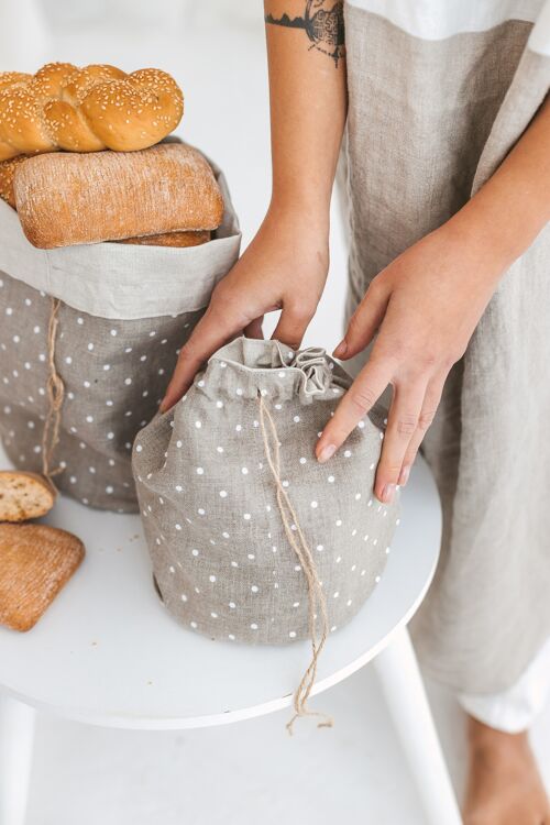 Polka Dot Grey Linen Bread Bag • Double Layered Bakery Vegetable Storage size MEDIUM