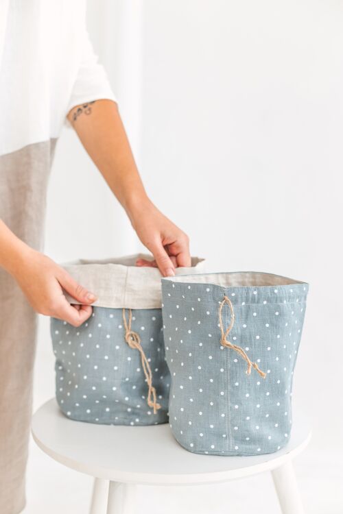 Polka Dot Blue Linen Bread Bag • Double Layered Bakery Vegetable Storage Size LARGE