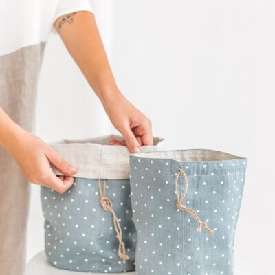 Polka Dot Blue Linen Bread Bag • Double Layered Bakery Vegetable Storage Size LARGE