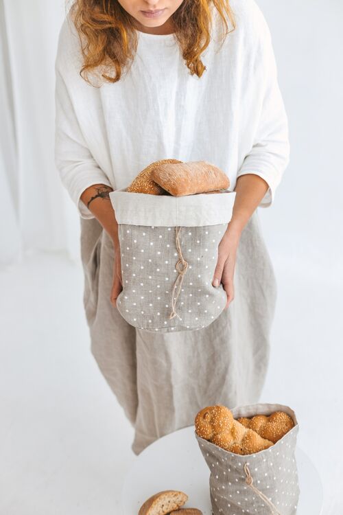 Polka Dot Grey Linen Bread Bag • Double Layered Bakery Vegetable Storage Size LARGE