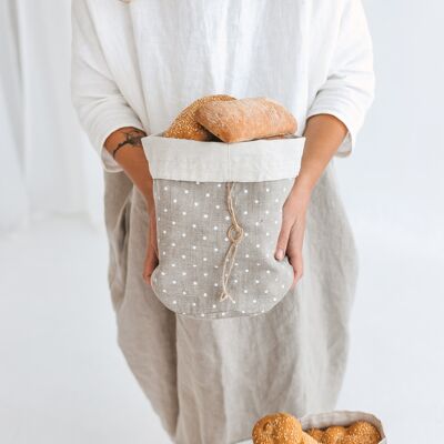 Brotbeutel aus grauem Leinen mit Punkten • Doppellagige Aufbewahrung für Backgemüse, Größe L