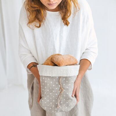 Bolsa de pan de lino gris con lunares • Almacenamiento de verduras de panadería de doble capa, tamaño GRANDE
