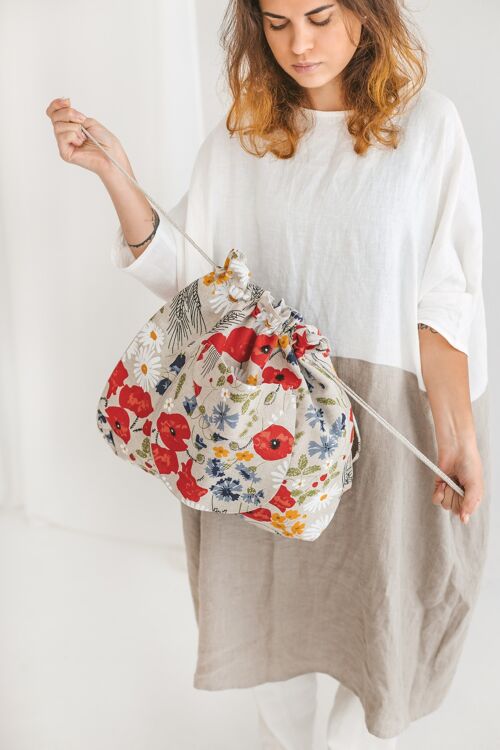 Linen Drawstring Bucket Bag WILDFLOWERS