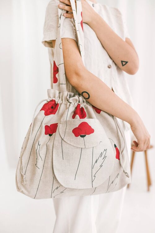 Linen Drawstring Bucket Bag with RED POPPIES