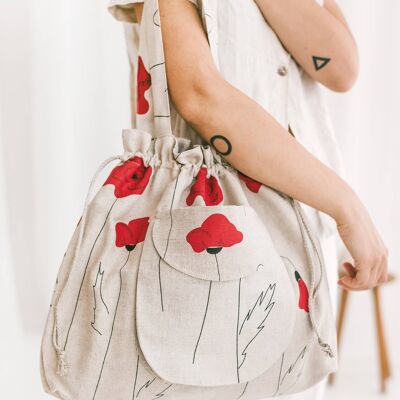 Bucket Bag aus Leinen mit roten Mohnblumen