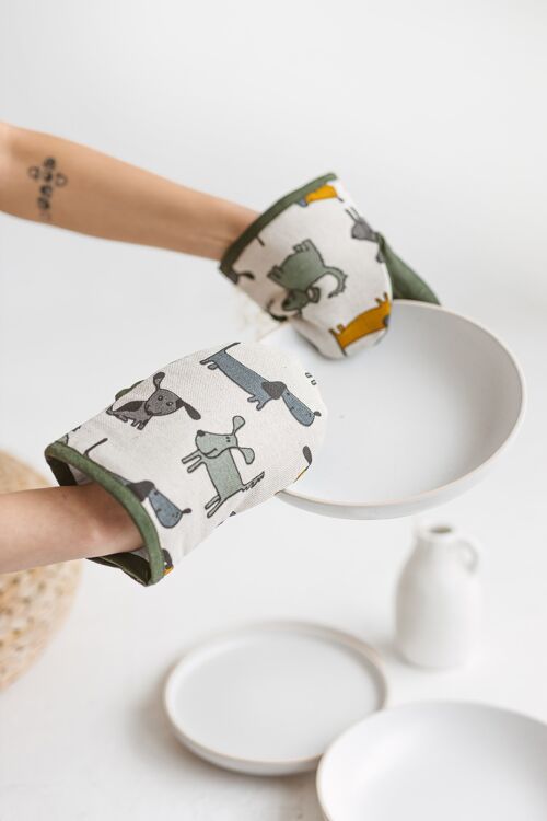 Linen Mini Mitt with Dogs • Single Kitchen Glove KHAKI GREEN