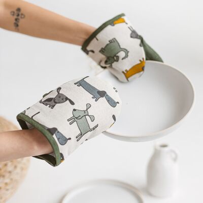 Linen Mini Mitt with Dogs • Single Kitchen Glove KHAKI GREEN