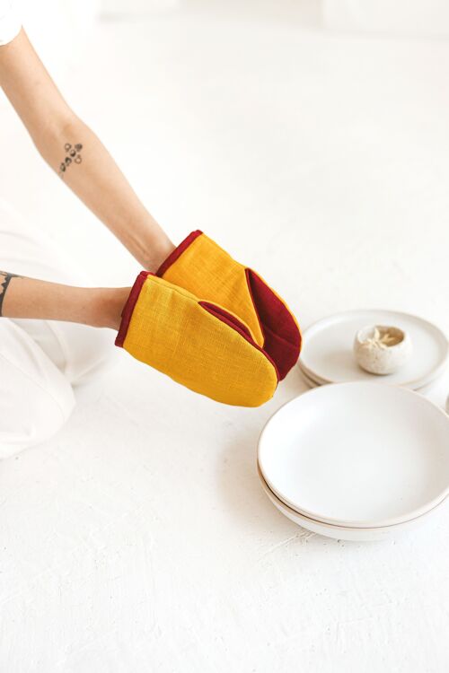 Linen Oven Mini Glove Cooking Mitt Pot Holder YELLOW/RED