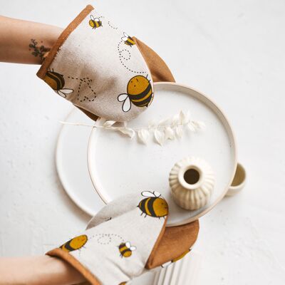 Lino Horno Mini Guante Cocina Manopla Pot Holder con BUMBLEBEES