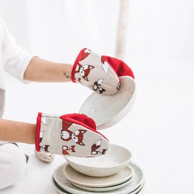 Linen Oven Mini Glove Cooking Mitt Pot Holder with FOXES