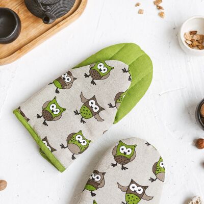 Linen Oven Glove with Owls • Large Cooking Mitt •Pot Holder GREEN OWLS