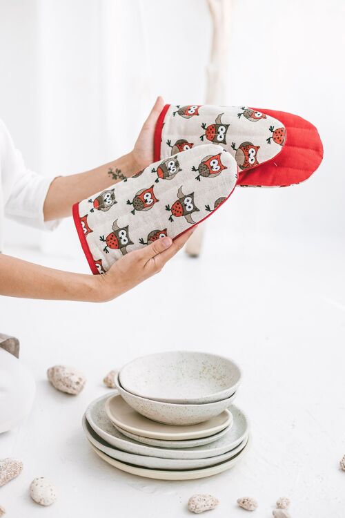 Linen Oven Glove • Large Cooking Mitt • Pot Holder RED OWLS