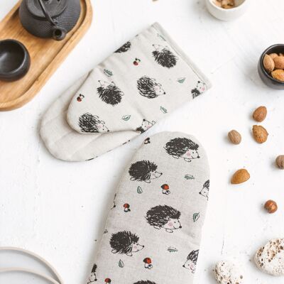 Linen Oven Glove • Large Cooking Mitt • Pot Holder HEDGEHOGS