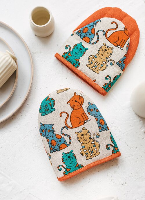 Linen Oven Mini Glove •  Cooking Mitten • Pot Holder  ORANGE CATS