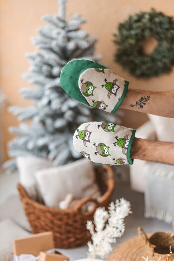 Mini gant de four à lin •  Gant de cuisine • Porte-casserole GREEN OWLS 4