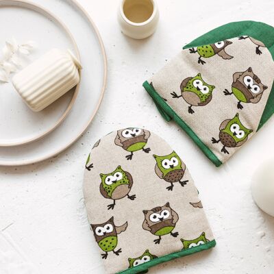 Mini gant de four à lin •  Gant de cuisine • Porte-casserole GREEN OWLS