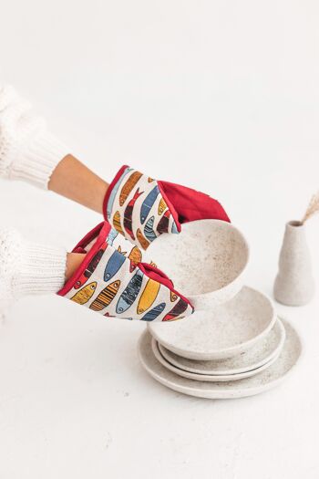 Mini gants de four en lin avec sardines • Gant de cuisine naturel ROUGE 1
