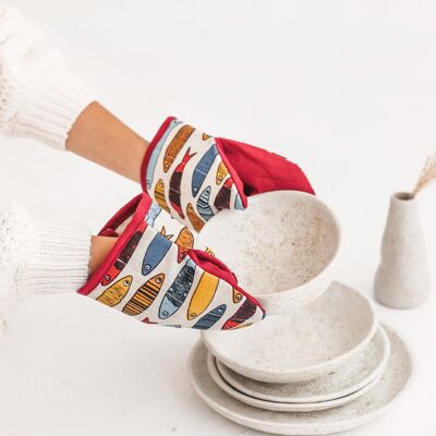 Mini gants de four en lin avec sardines • Gant de cuisine naturel ROUGE