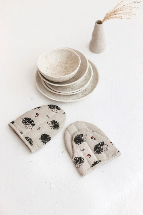 Linen Oven Mini Mitts • Natural Cooking Glove with HEDGEHOGS