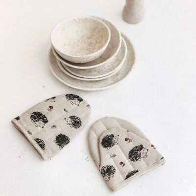 Linen Oven Mini Mitts • Natural Cooking Glove with HEDGEHOGS