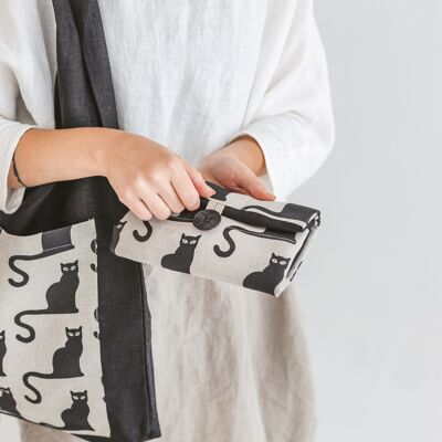 Linen Reusable Shopping Bag • Foldable Handmade Tote BLACK CATS
