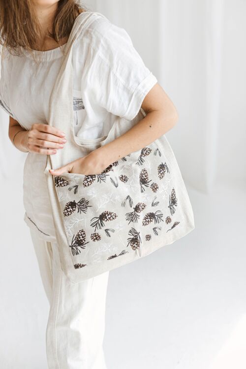 Linen Reusable Shopping Bag • Foldable Handmade Tote PINECONES