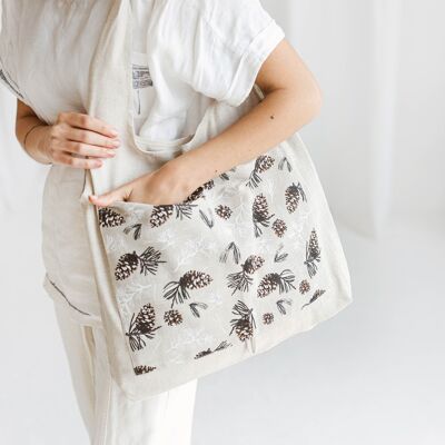 Linen Reusable Shopping Bag • Foldable Handmade Tote PINECONES
