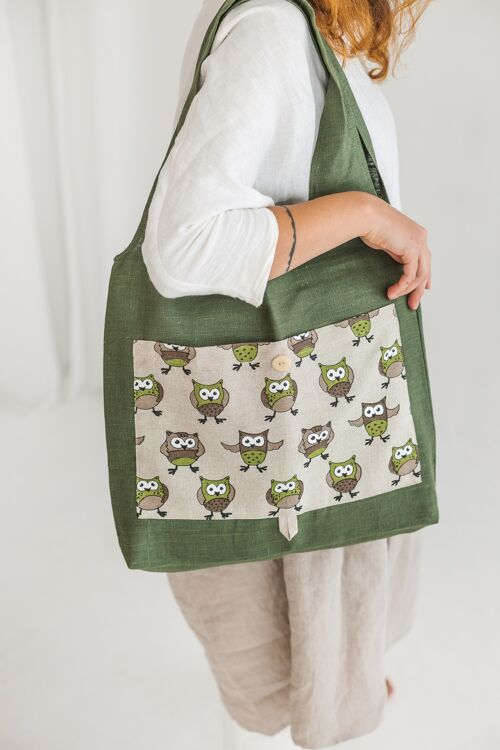 Linen Reusable Shopping Bag • Foldable Handmade Tote GREEN OWLS