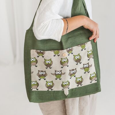 Linen Reusable Shopping Bag • Foldable Handmade Tote GREEN OWLS