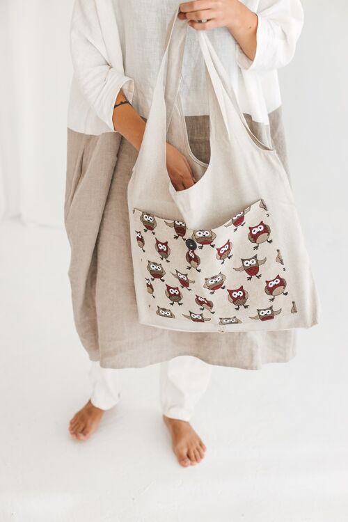 Linen Reusable Shopping Bag • Foldable Handmade Tote RED OWLS