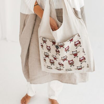 Linen Reusable Shopping Bag • Foldable Handmade Tote RED OWLS