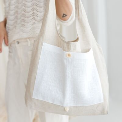 Linen Reusable Shopping Bag Foldable Handmade Tote NATURAL LINEN & WHITE