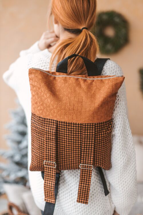 Checkered Linen Backpack • Orange Unisex Rucksack Multifunctional Backpack with Adjustable Straps