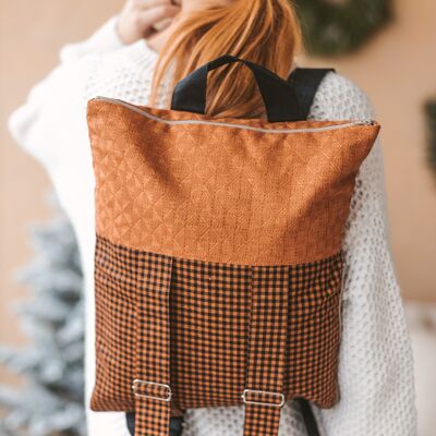 Checkered Linen Backpack • Orange Unisex Rucksack Multifunctional Backpack with Adjustable Straps