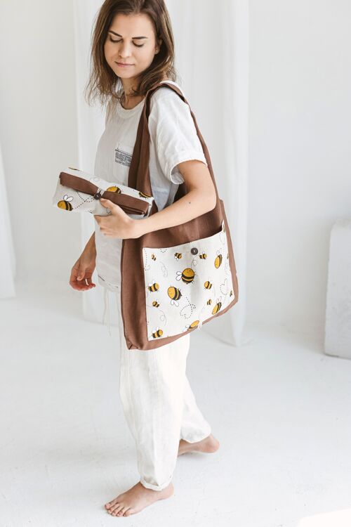 Linen Reusable Shopping Bag • FoldableTote BEIGE WITH BUMBLEBEES