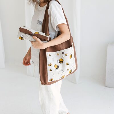 Linen Reusable Shopping Bag • FoldableTote BEIGE WITH BUMBLEBEES