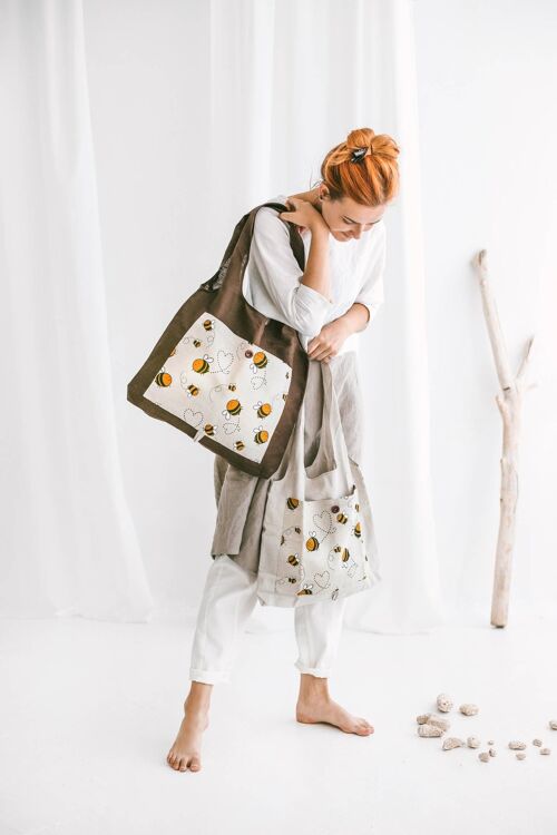 Linen Reusable Shopping Bag • FoldableTote with NATURAL LINEN WITH BEES