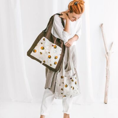 Linen Reusable Shopping Bag • FoldableTote with NATURAL LINEN WITH BEES