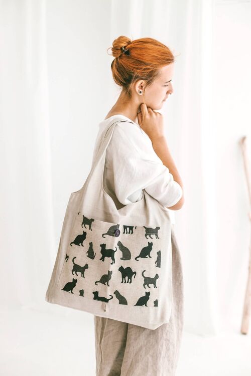 Linen Reusable Shopping Bag With Cats Shadows • FoldableTote NATURAL LINEN