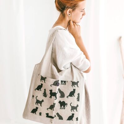 Linen Reusable Shopping Bag With Cats Shadows • FoldableTote NATURAL LINEN
