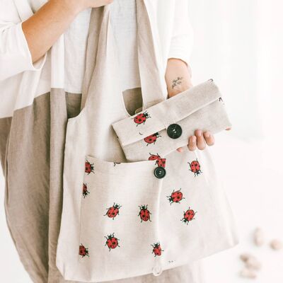 Linen Reusable Shopping Bag • FoldableTote with LADYBUGS