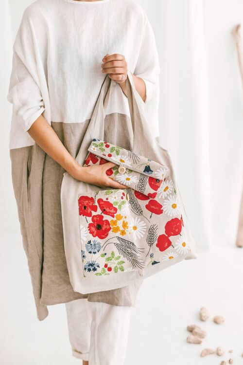 Linen Reusable Shopping Bag • FoldableTote WILDFLOWERS