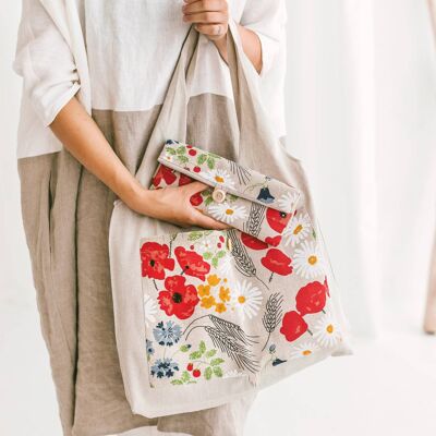 Linen Reusable Shopping Bag • FoldableTote WILDFLOWERS