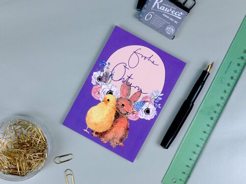Postkarte Hase und Küken lila