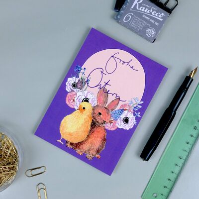 Postkarte Hase und Küken lila