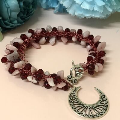 Gemstone and Crystal Moon Bracelet - Pink Opal/Red Crystals