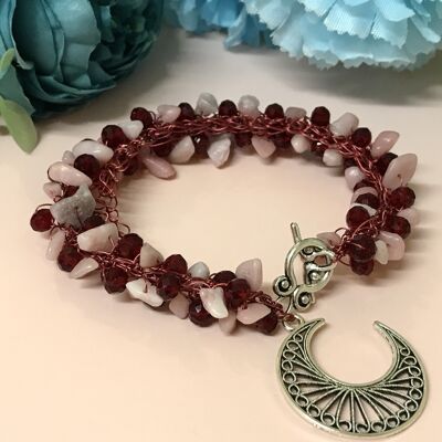 Gemstone and Crystal Moon Bracelet - Pink Opal/Red Crystals