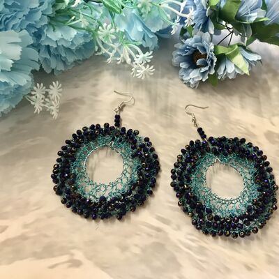 Mandala Bohemian Earrings (Medium) - Blue Craft Wire/Purple Crystals